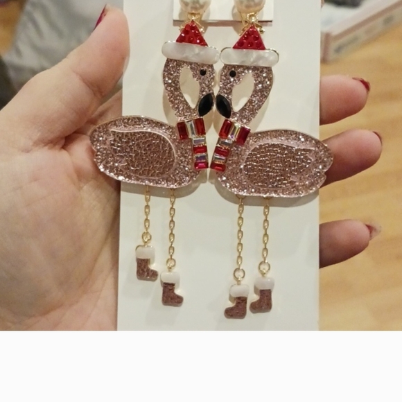 Festive Flamingo Earrings in Pink and Gold - Picture 1 of 2